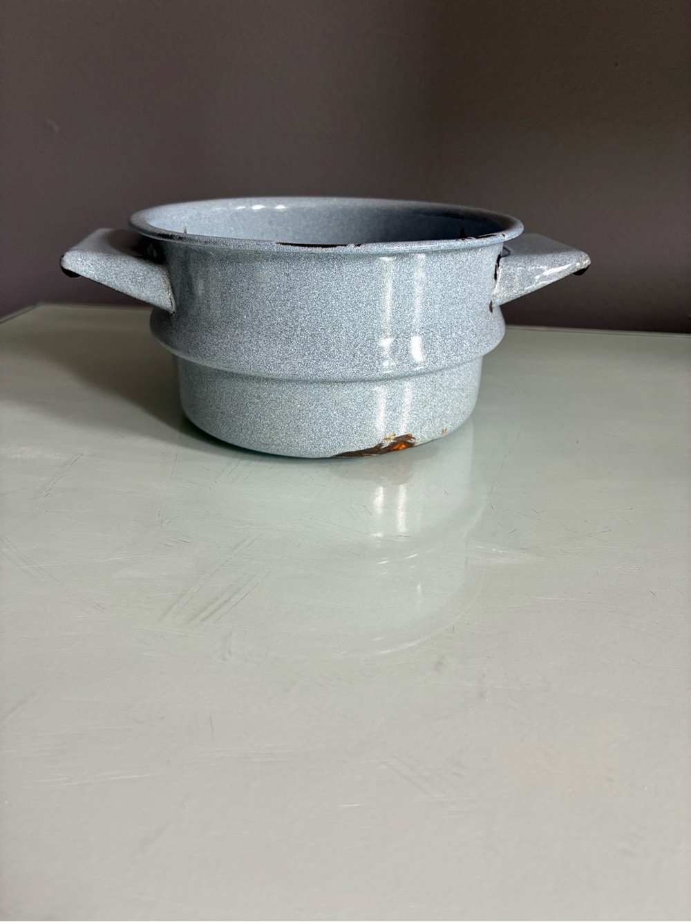 Speckled Light Gray Blue Enamelware Double-Handled Bowl